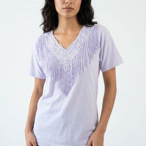 Cactus Floral Top Embellished Fringe Lavender Sz L Womens T Shirt Western Casual